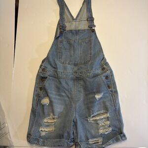Life In Progress Denim Overalls Distressed Ripped Jean Shortalls Romper M